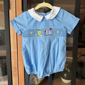 New Smockingbird smocked bubble romper collar baby boy cow jumping over the moon